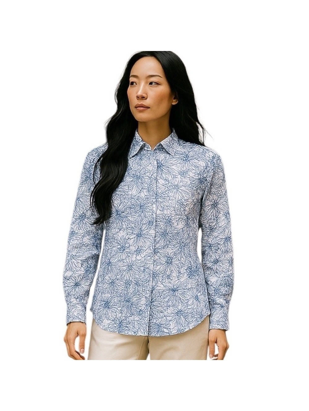 Floral Print Button-Down Shirt Long Sleeve Top White Blue Casual Women's Size 10
